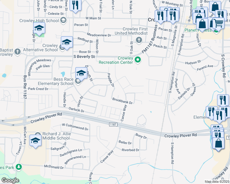map of restaurants, bars, coffee shops, grocery stores, and more near 528 Paddle Drive in Crowley