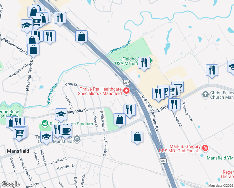 map of restaurants, bars, coffee shops, grocery stores, and more near 306 Shady Valley Drive in Mansfield