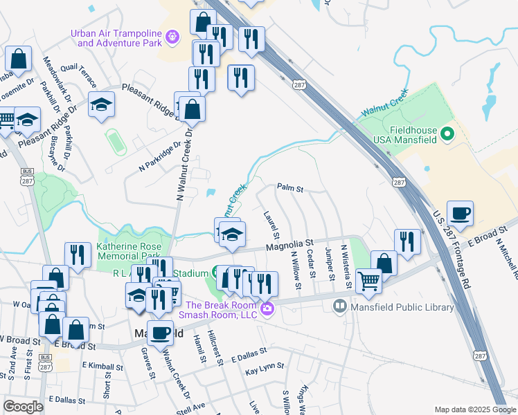 map of restaurants, bars, coffee shops, grocery stores, and more near 225 Laurel Street in Mansfield