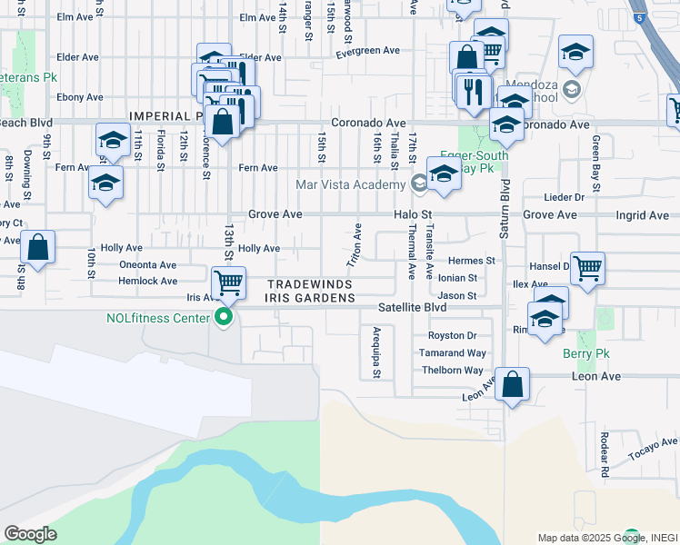 map of restaurants, bars, coffee shops, grocery stores, and more near 1538 Ionian Street in San Diego
