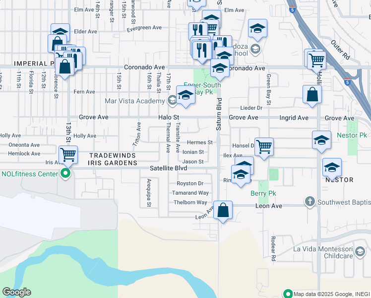 map of restaurants, bars, coffee shops, grocery stores, and more near 1736 Hermes Street in San Diego