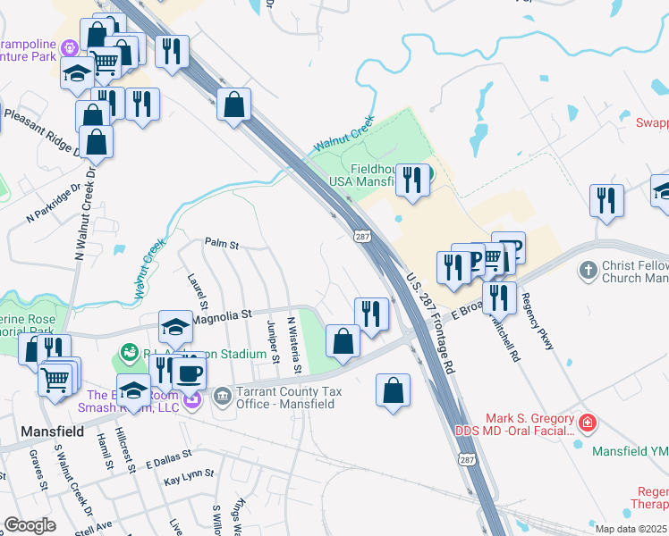 map of restaurants, bars, coffee shops, grocery stores, and more near 304 Shady Valley Drive in Mansfield