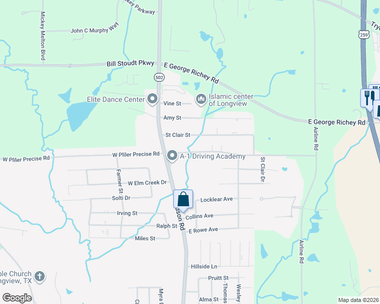 map of restaurants, bars, coffee shops, grocery stores, and more near 111 East Pliler Precise Road in Longview