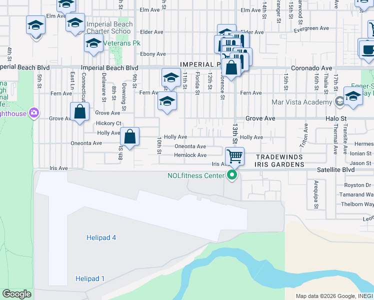 map of restaurants, bars, coffee shops, grocery stores, and more near 1103 Oneonta Avenue in Imperial Beach