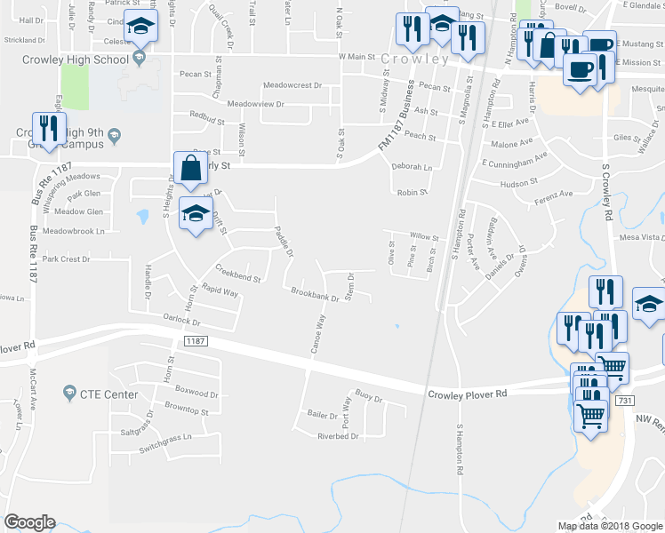 map of restaurants, bars, coffee shops, grocery stores, and more near 489 Canvas Court in Crowley