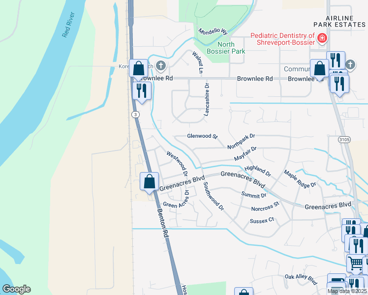 map of restaurants, bars, coffee shops, grocery stores, and more near 519 Southwood Drive in Bossier City