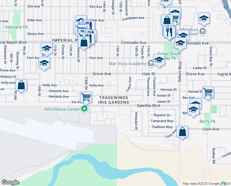 map of restaurants, bars, coffee shops, grocery stores, and more near 1473 Holly Avenue in Imperial Beach