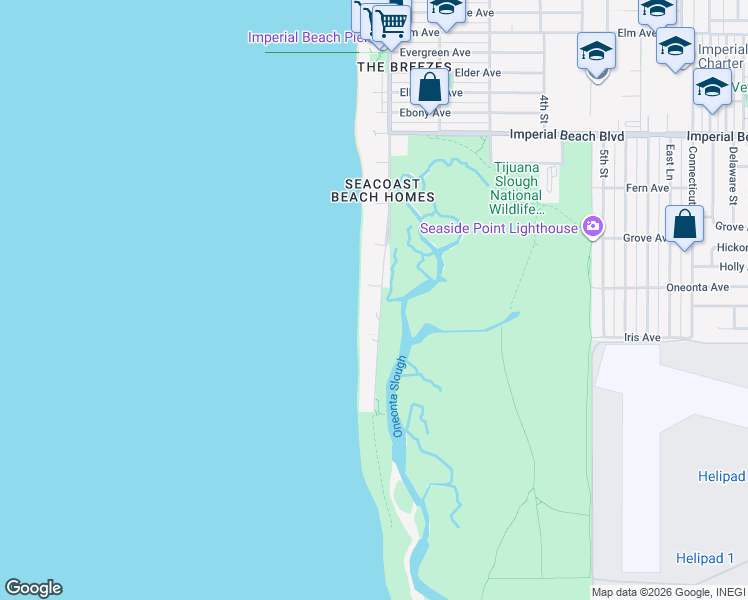 map of restaurants, bars, coffee shops, grocery stores, and more near 1426 Seacoast Drive in Imperial Beach