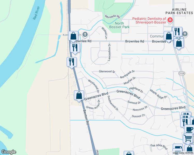 map of restaurants, bars, coffee shops, grocery stores, and more near 527 Southwood Drive in Bossier City