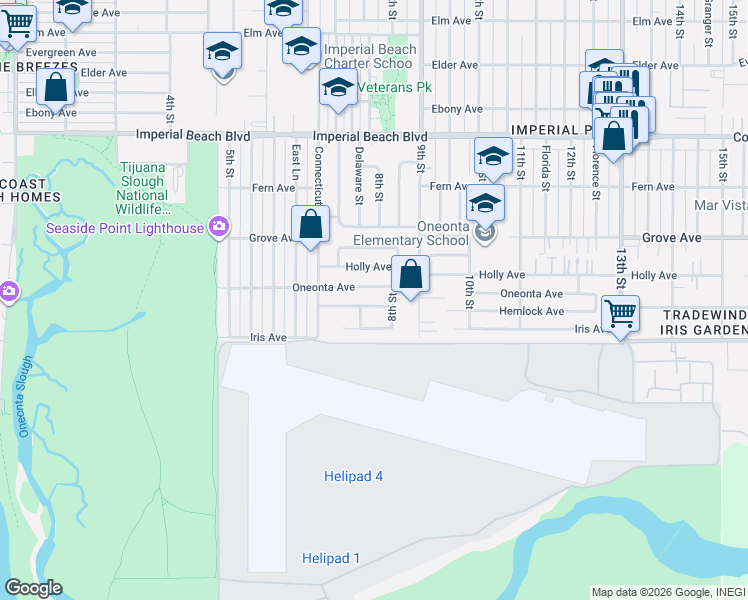 map of restaurants, bars, coffee shops, grocery stores, and more near 743 Oneonta Avenue in Imperial Beach