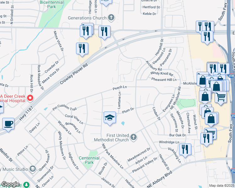 map of restaurants, bars, coffee shops, grocery stores, and more near 1247 Lantana Lane in Burleson