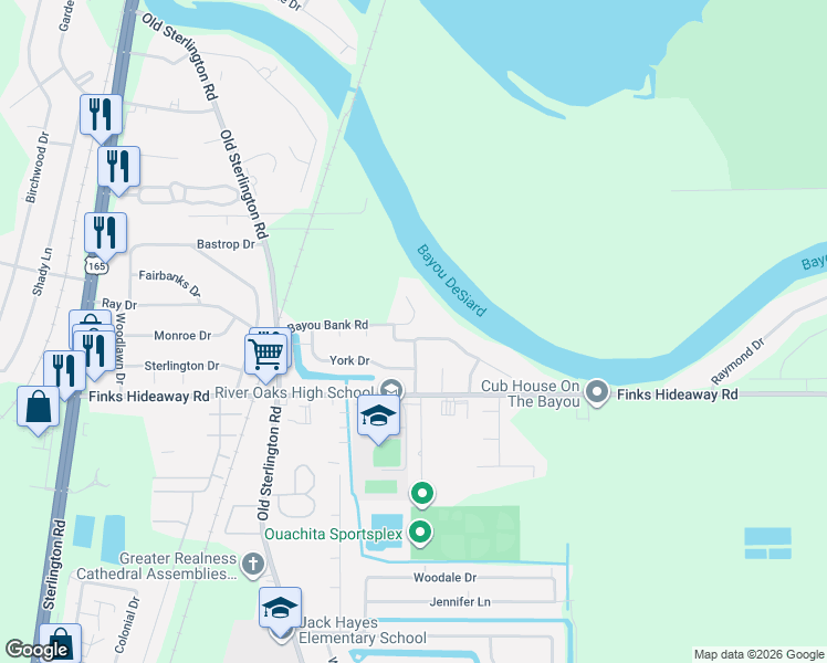 map of restaurants, bars, coffee shops, grocery stores, and more near 101-189 Bayou Bank Rd in Monroe