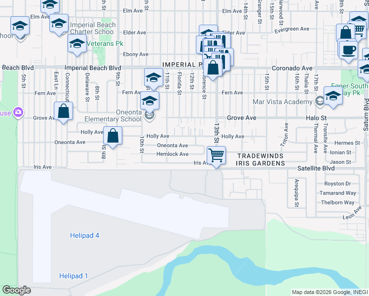 map of restaurants, bars, coffee shops, grocery stores, and more near 1127 Oneonta Avenue in Imperial Beach