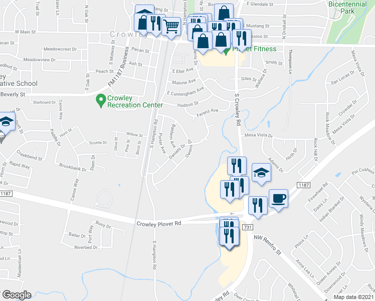 map of restaurants, bars, coffee shops, grocery stores, and more near 608 Owens Drive in Crowley