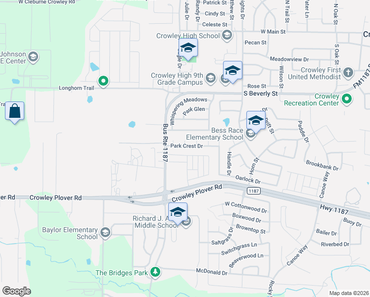 map of restaurants, bars, coffee shops, grocery stores, and more near 1249 Rosewood Court in Crowley