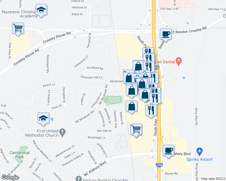 map of restaurants, bars, coffee shops, grocery stores, and more near 939 Yucca Court in Burleson