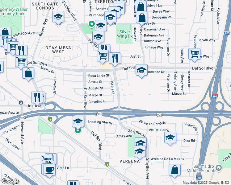map of restaurants, bars, coffee shops, grocery stores, and more near 1411 Piedra Street in San Diego