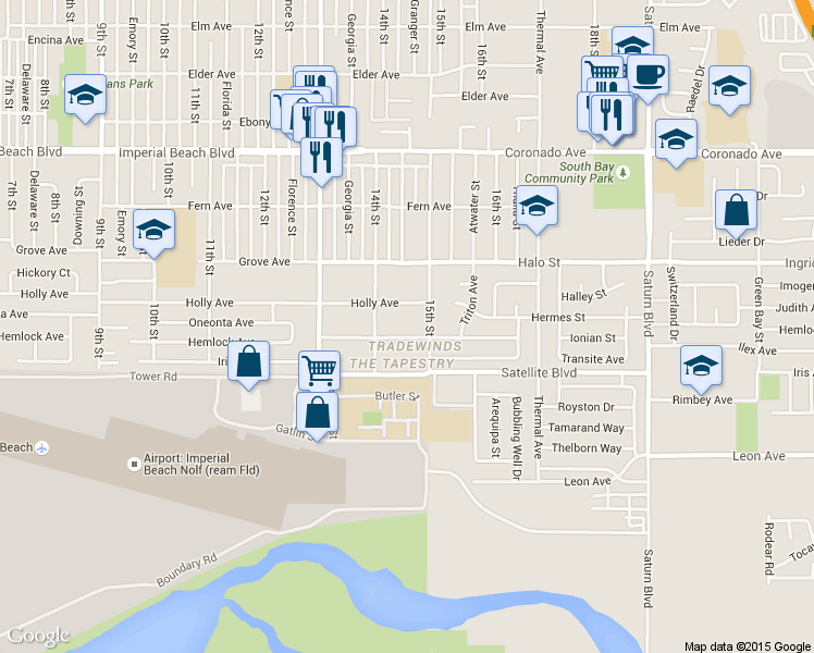 map of restaurants, bars, coffee shops, grocery stores, and more near 1473 Holly Avenue in Imperial Beach