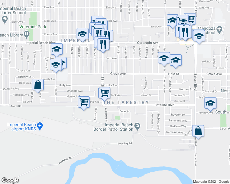 map of restaurants, bars, coffee shops, grocery stores, and more near 1431 14th Street in Imperial Beach