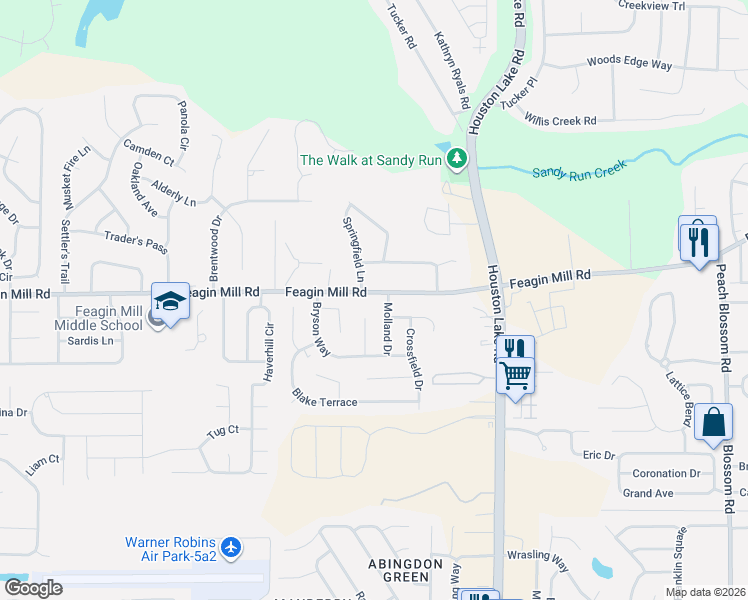 map of restaurants, bars, coffee shops, grocery stores, and more near 1027 Feagin Mill Road in Warner Robins