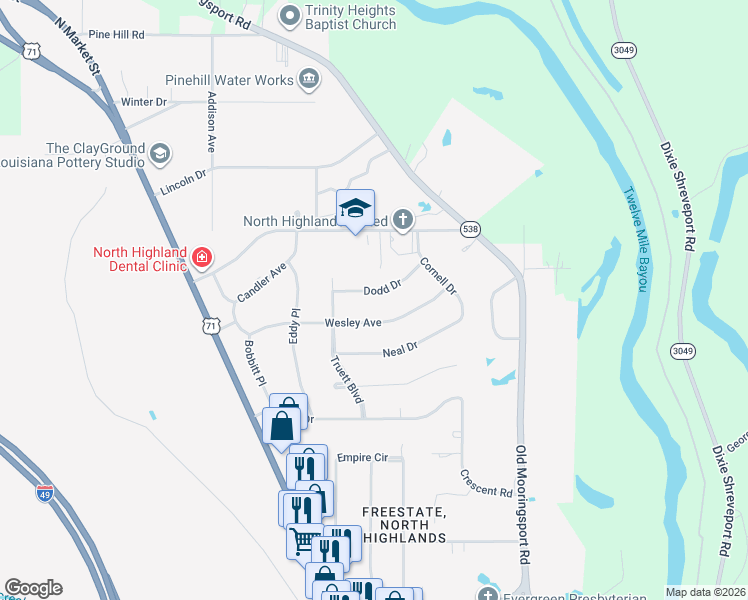 map of restaurants, bars, coffee shops, grocery stores, and more near 725 Dodd Drive in Shreveport