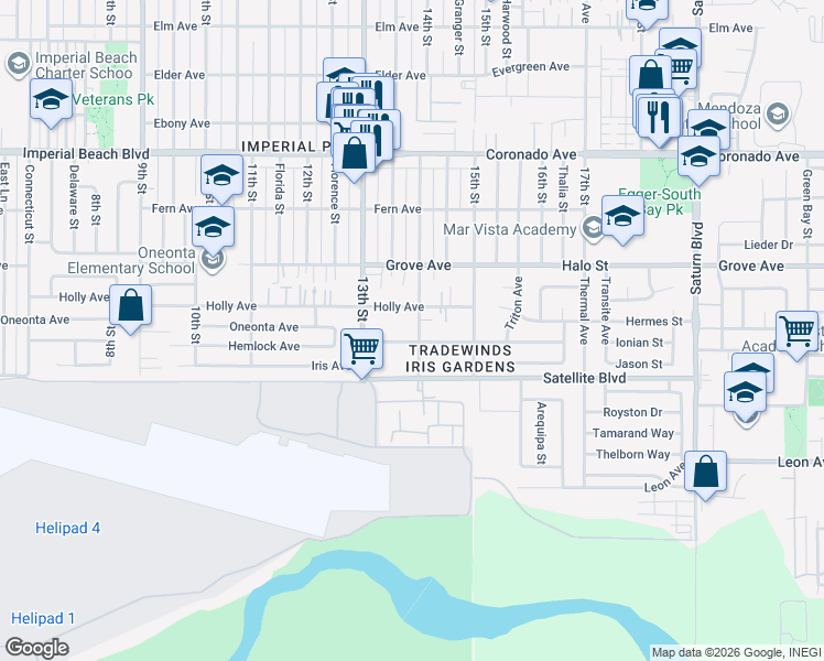 map of restaurants, bars, coffee shops, grocery stores, and more near 1430 14th Street in Imperial Beach
