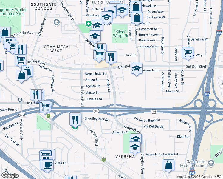 map of restaurants, bars, coffee shops, grocery stores, and more near 1411 Piedra Street in San Diego