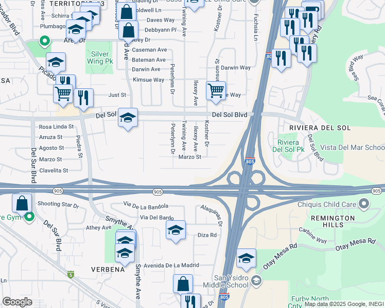 map of restaurants, bars, coffee shops, grocery stores, and more near 1492 Ilexey Avenue in San Diego