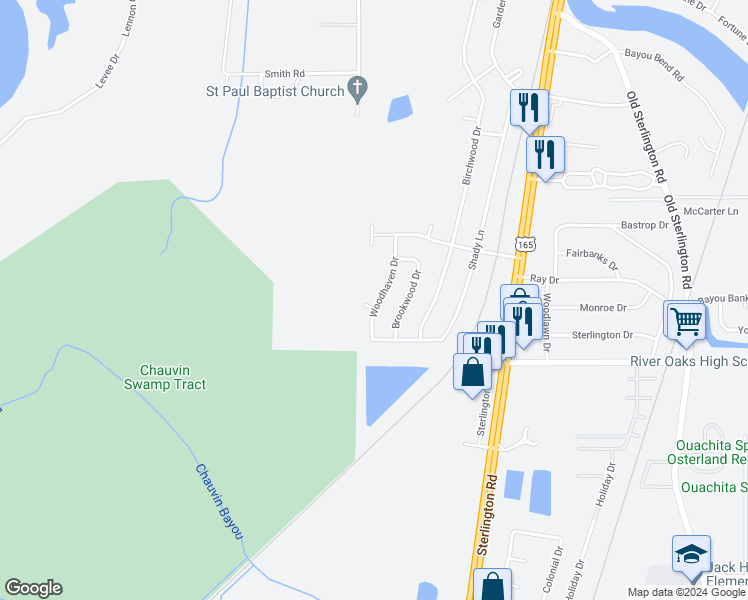 map of restaurants, bars, coffee shops, grocery stores, and more near 524 Woodhaven Drive in Monroe