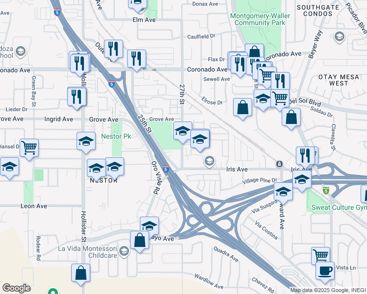 map of restaurants, bars, coffee shops, grocery stores, and more near 1411 27th Street in San Diego