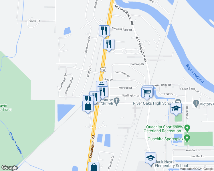 map of restaurants, bars, coffee shops, grocery stores, and more near 301 Woodlawn Drive in Monroe
