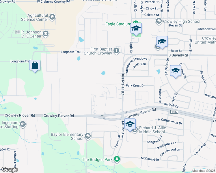 map of restaurants, bars, coffee shops, grocery stores, and more near 1700 Kiowa Lance Street in Crowley