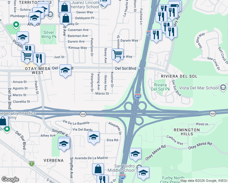 map of restaurants, bars, coffee shops, grocery stores, and more near 4249 Layla Way in San Diego