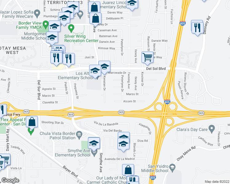 map of restaurants, bars, coffee shops, grocery stores, and more near 4024 Marzo Street in San Diego