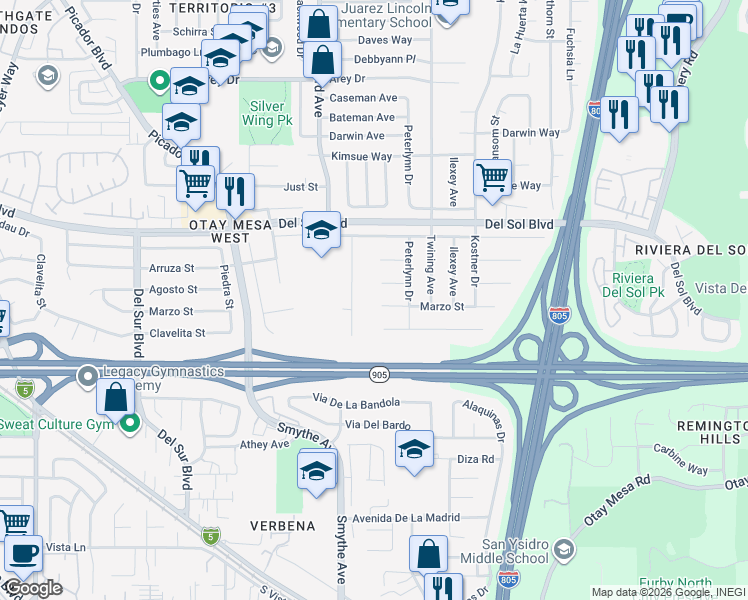 map of restaurants, bars, coffee shops, grocery stores, and more near 4024 Marzo Street in San Diego