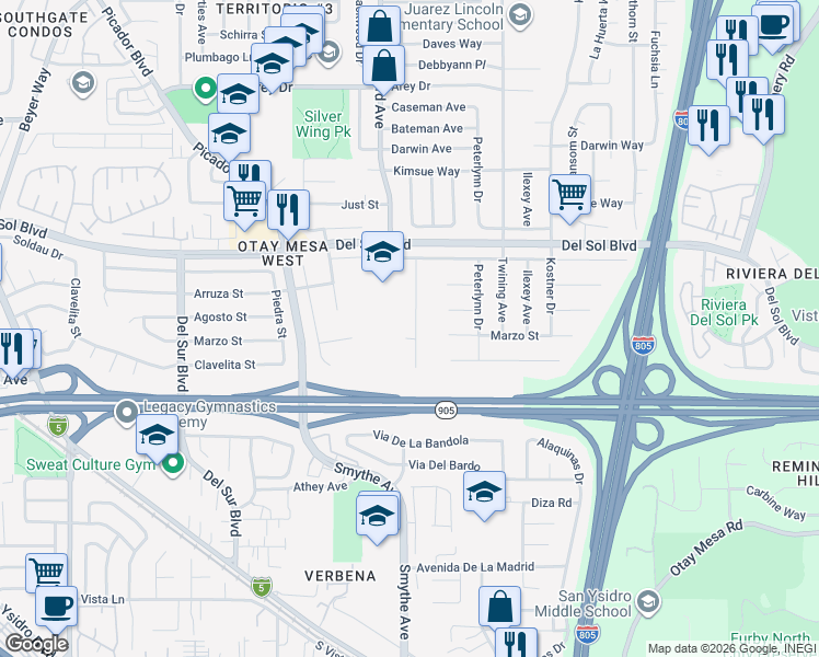 map of restaurants, bars, coffee shops, grocery stores, and more near 1456 Kenalan Drive in San Diego