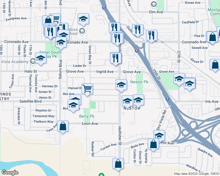 map of restaurants, bars, coffee shops, grocery stores, and more near 2231 Judith Avenue in San Diego