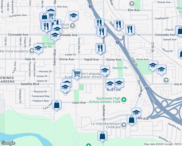 map of restaurants, bars, coffee shops, grocery stores, and more near 2151 Judith Avenue in San Diego