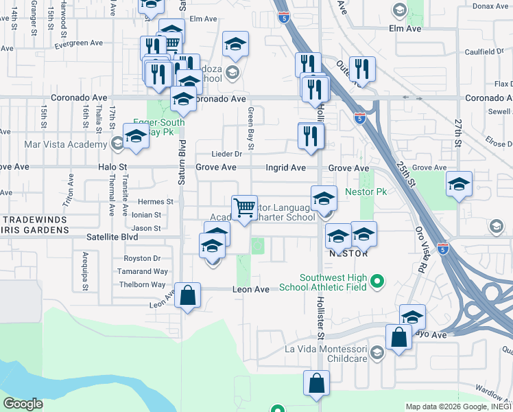 map of restaurants, bars, coffee shops, grocery stores, and more near 1412 Green Bay Street in San Diego