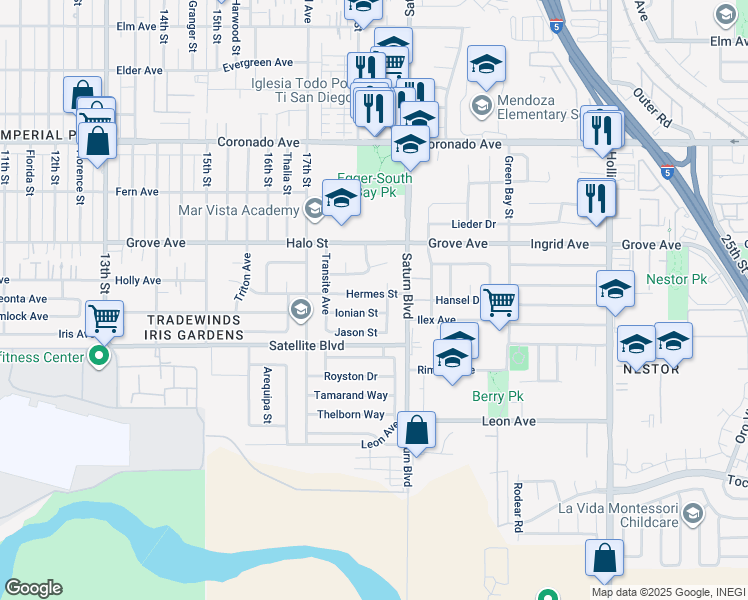 map of restaurants, bars, coffee shops, grocery stores, and more near 1821 Hermes Street in San Diego
