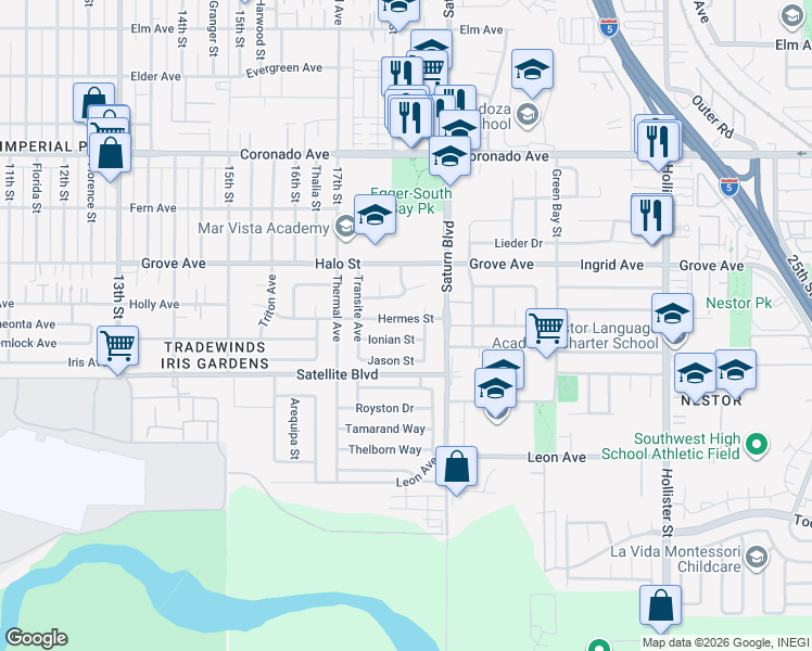 map of restaurants, bars, coffee shops, grocery stores, and more near 1821 Hermes Street in San Diego