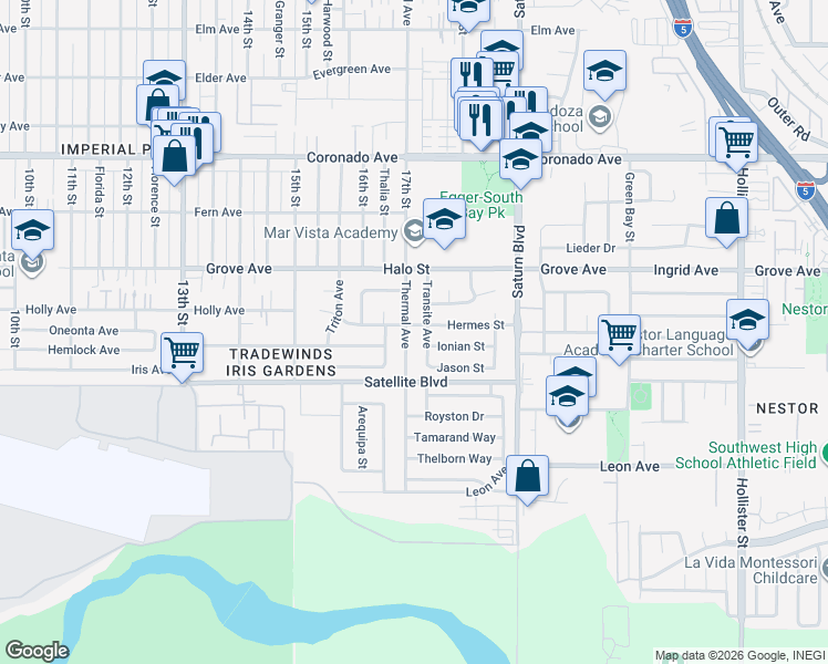 map of restaurants, bars, coffee shops, grocery stores, and more near 1402 Thermal Avenue in San Diego
