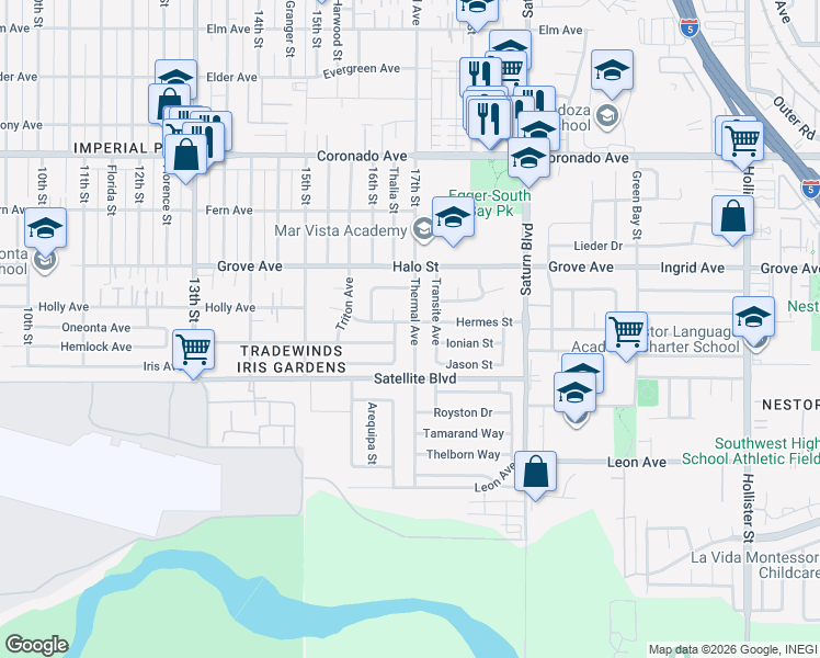 map of restaurants, bars, coffee shops, grocery stores, and more near 1402 Thermal Avenue in San Diego