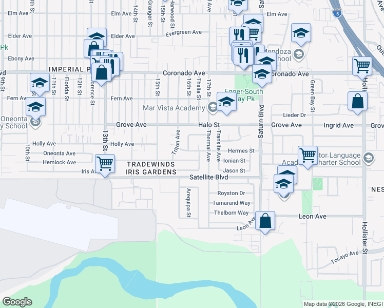 map of restaurants, bars, coffee shops, grocery stores, and more near 1597 Hermes Street in San Diego