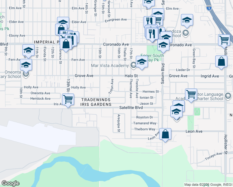 map of restaurants, bars, coffee shops, grocery stores, and more near 1578-1598 Hermes Street in San Diego