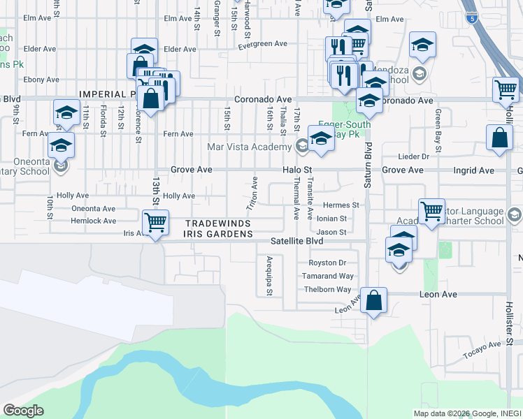 map of restaurants, bars, coffee shops, grocery stores, and more near 1578-1598 Hermes Street in San Diego