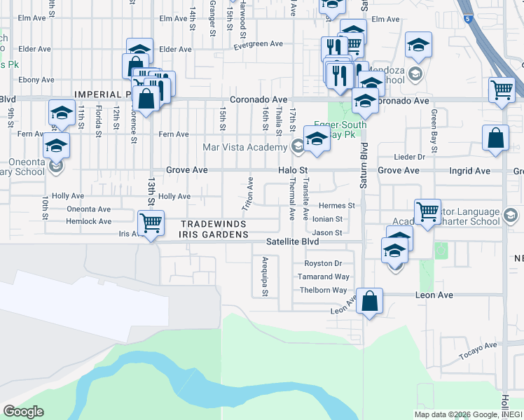 map of restaurants, bars, coffee shops, grocery stores, and more near 1597 Hermes Street in San Diego