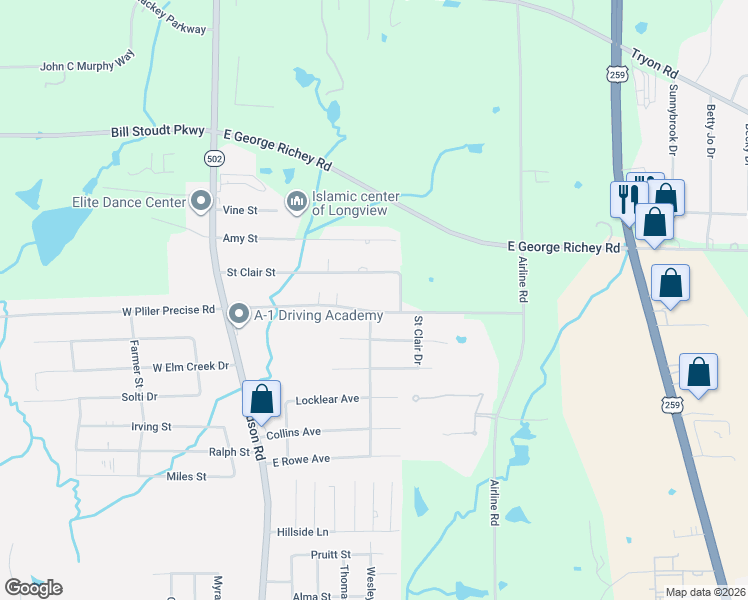 map of restaurants, bars, coffee shops, grocery stores, and more near 207 East Pliler Precise Road in Longview