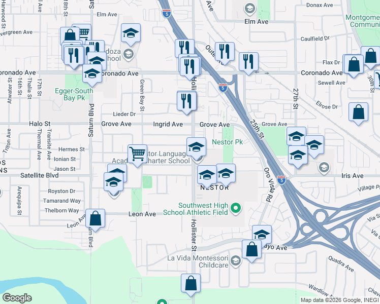 map of restaurants, bars, coffee shops, grocery stores, and more near 2280 Hemlock Avenue in San Diego