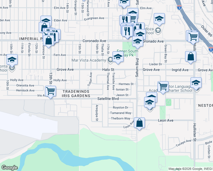 map of restaurants, bars, coffee shops, grocery stores, and more near 1402 Thermal Avenue in San Diego